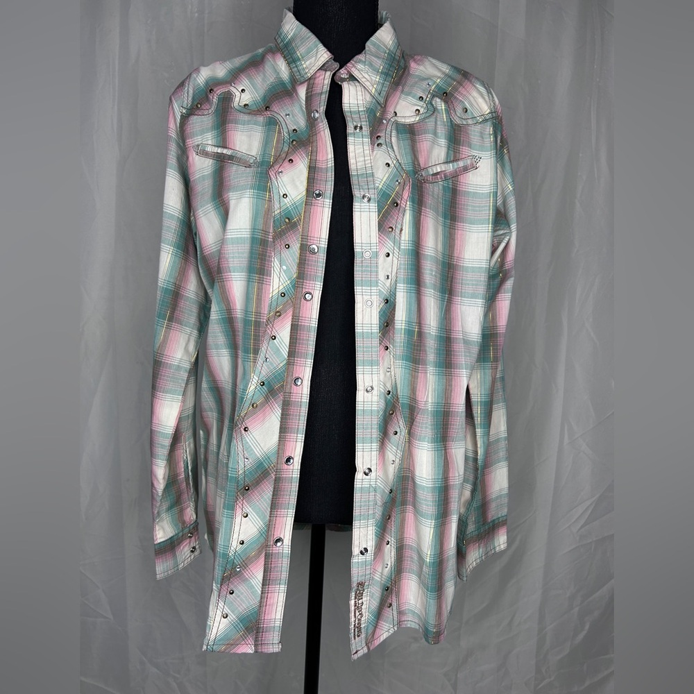 ROCK 47 By Wrangler Pearl Snap Shirt Women Medium Pink Plaid Western Embroidered